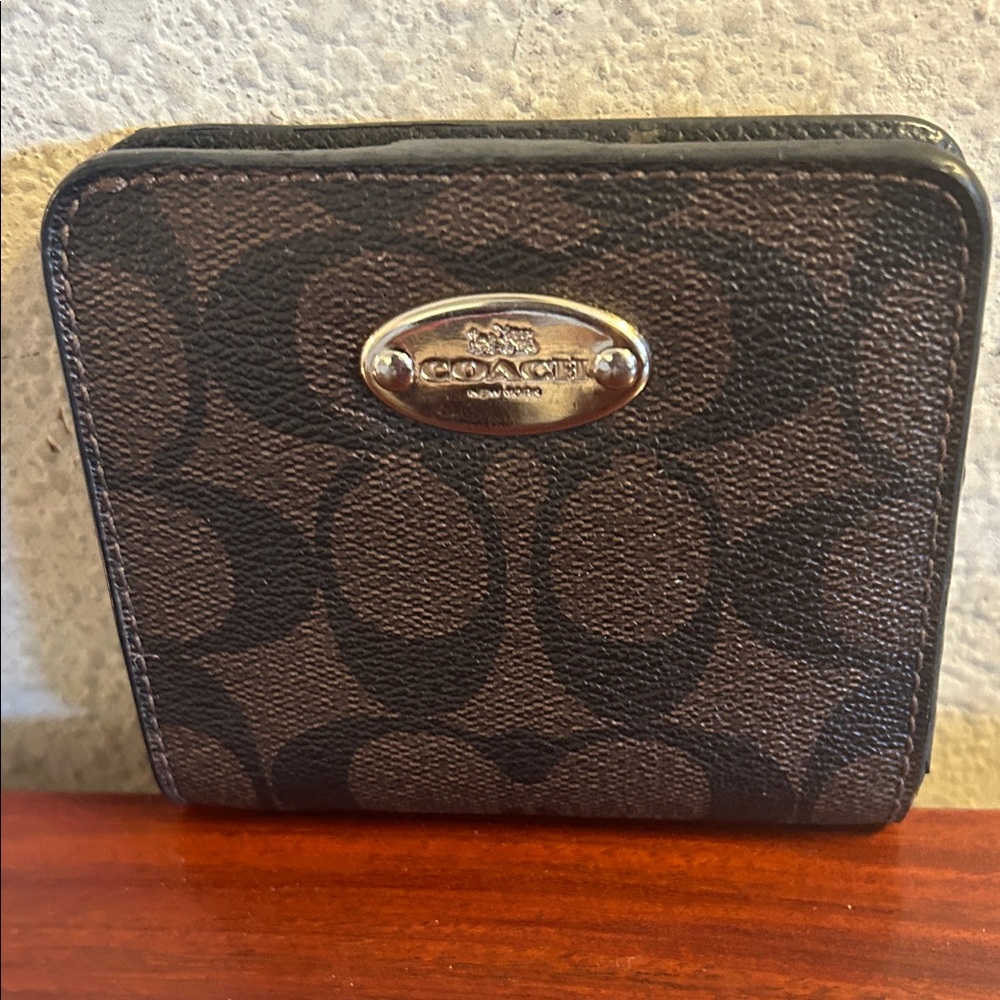 Coach Brown/Black Signature Small Wallet with Metal Plaque